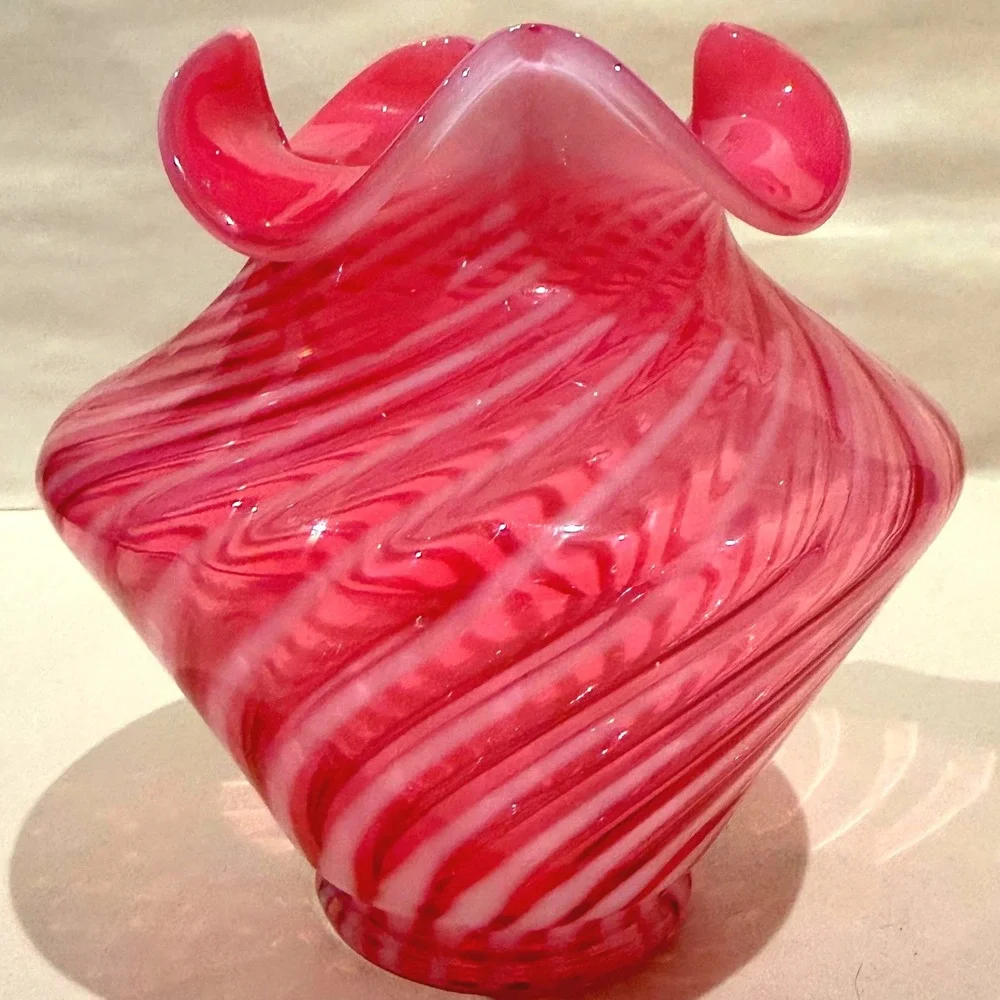 Fenton Vase Cranberry Candy Cane Swirl Red White Striped Ruffled Top 1940s-1950s